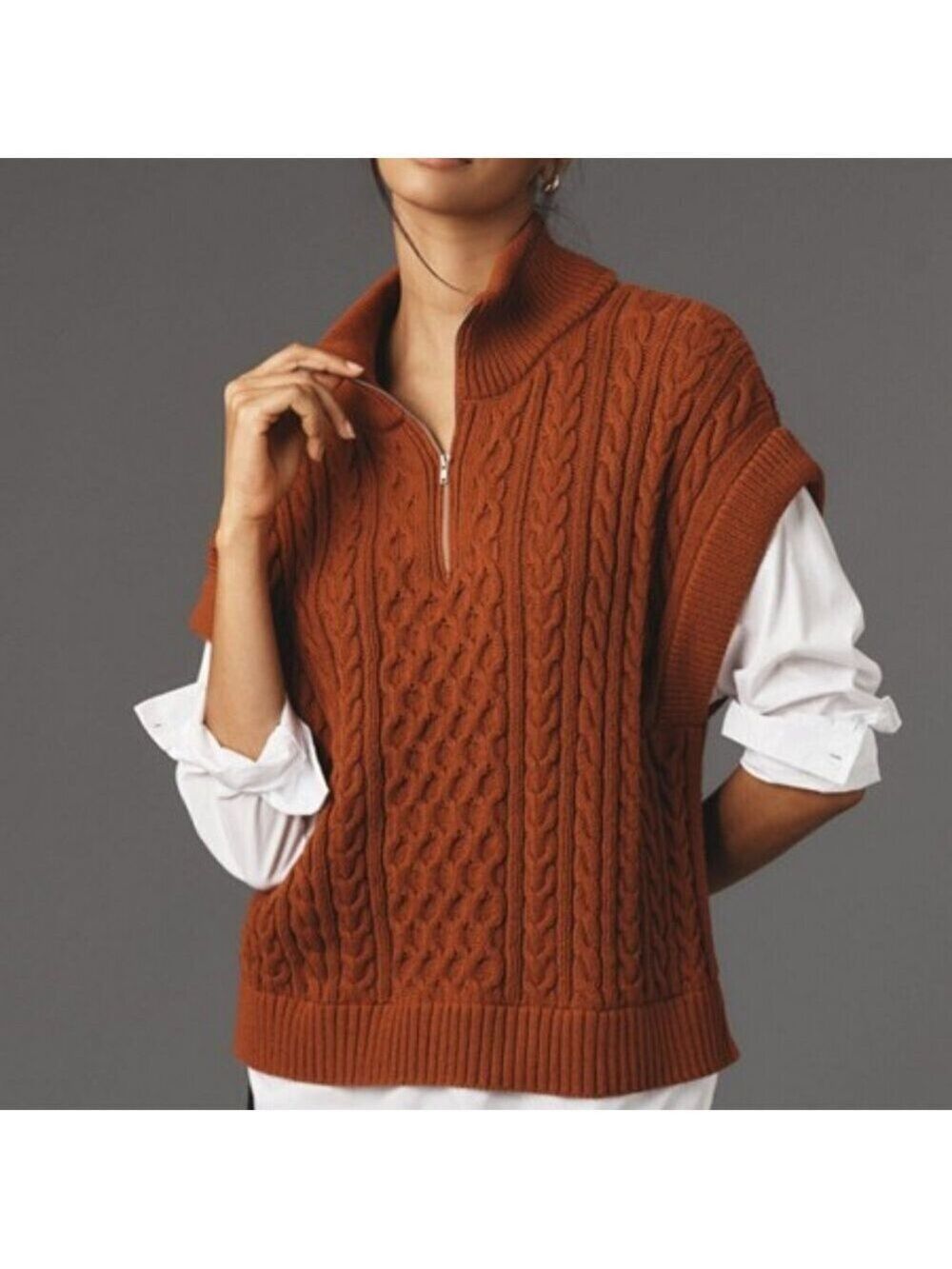 Pilcro Twofer Cable-Knit Sweater Rust/White Long Sleeve Top Vest Anthropologie M